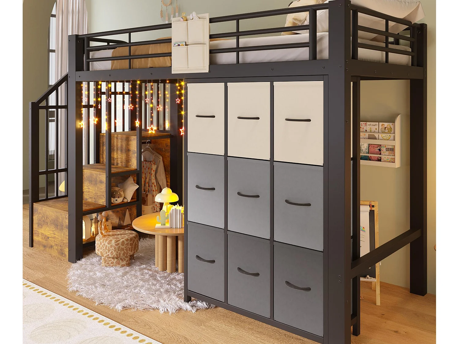 Letto soppalcato 90×200 cm - Metallo - Con cassetti - Con armadio - Con scala di riporre - Nero​ (materasso non incluso)