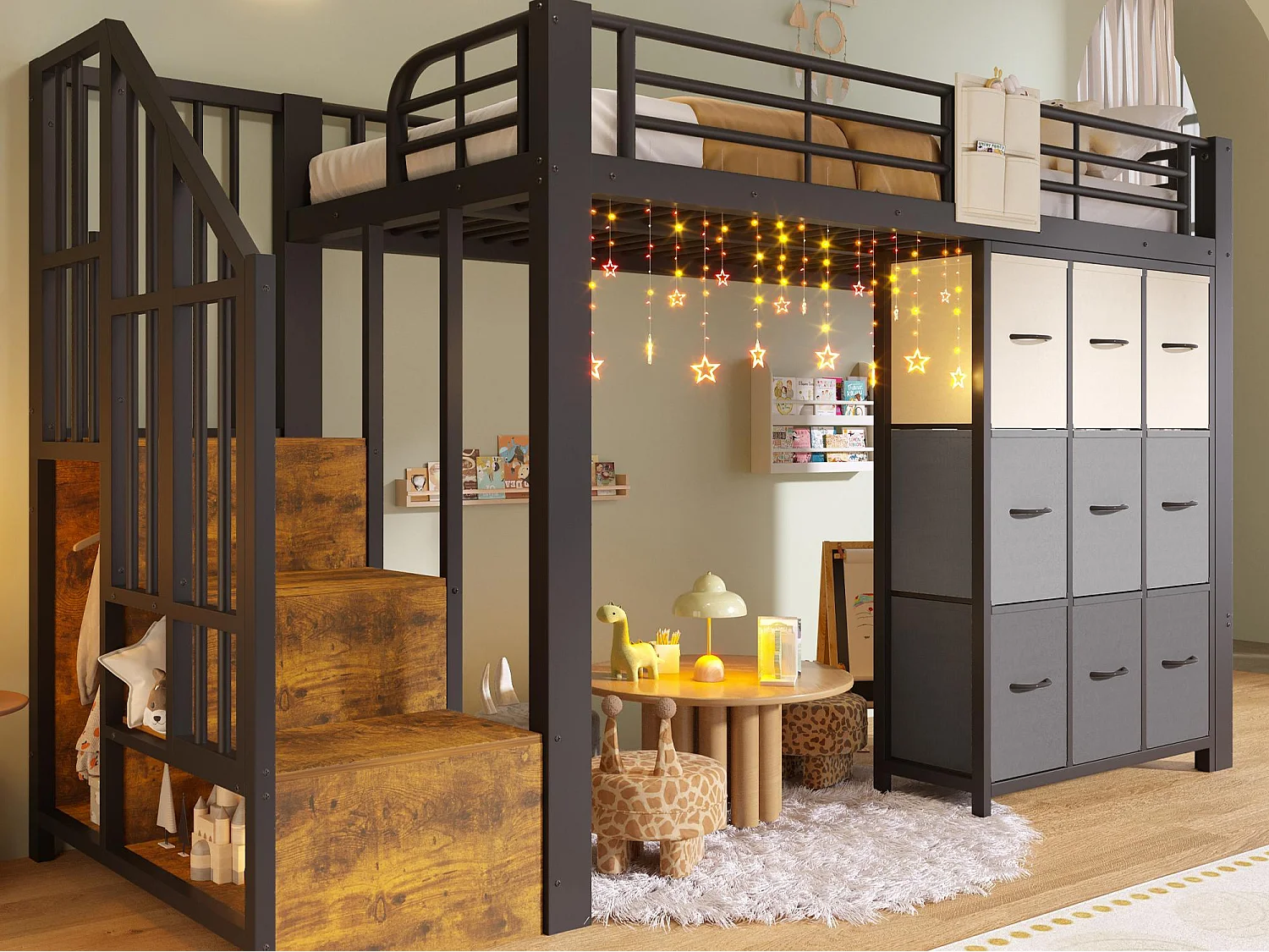 Letto soppalcato 90×200 cm - Metallo - Con cassetti - Con armadio - Con scala di riporre - Nero​ (materasso non incluso)