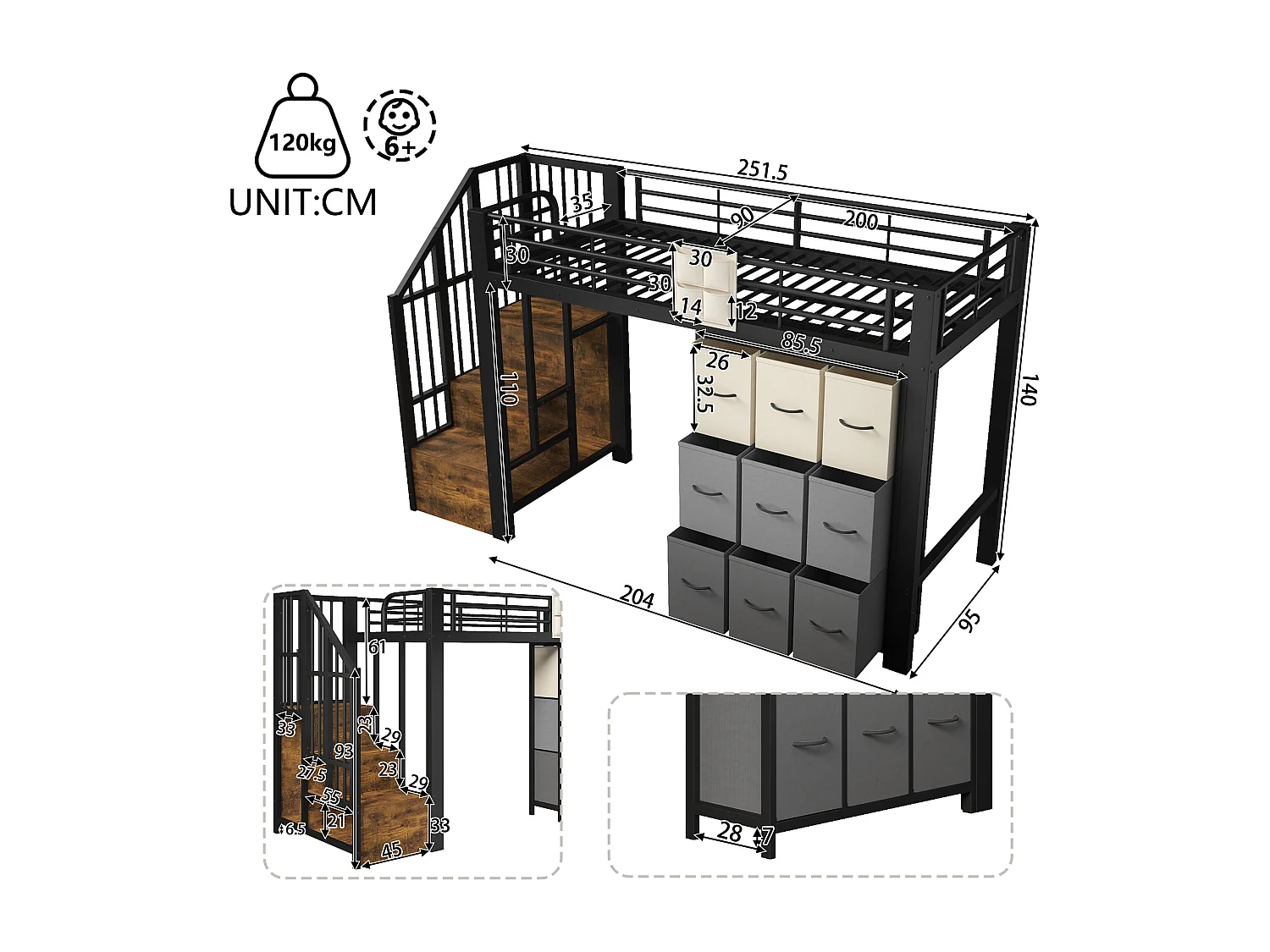Letto soppalcato 90×200 cm - Metallo - Con cassetti - Con armadio - Con scala di riporre - Nero​ (materasso non incluso)