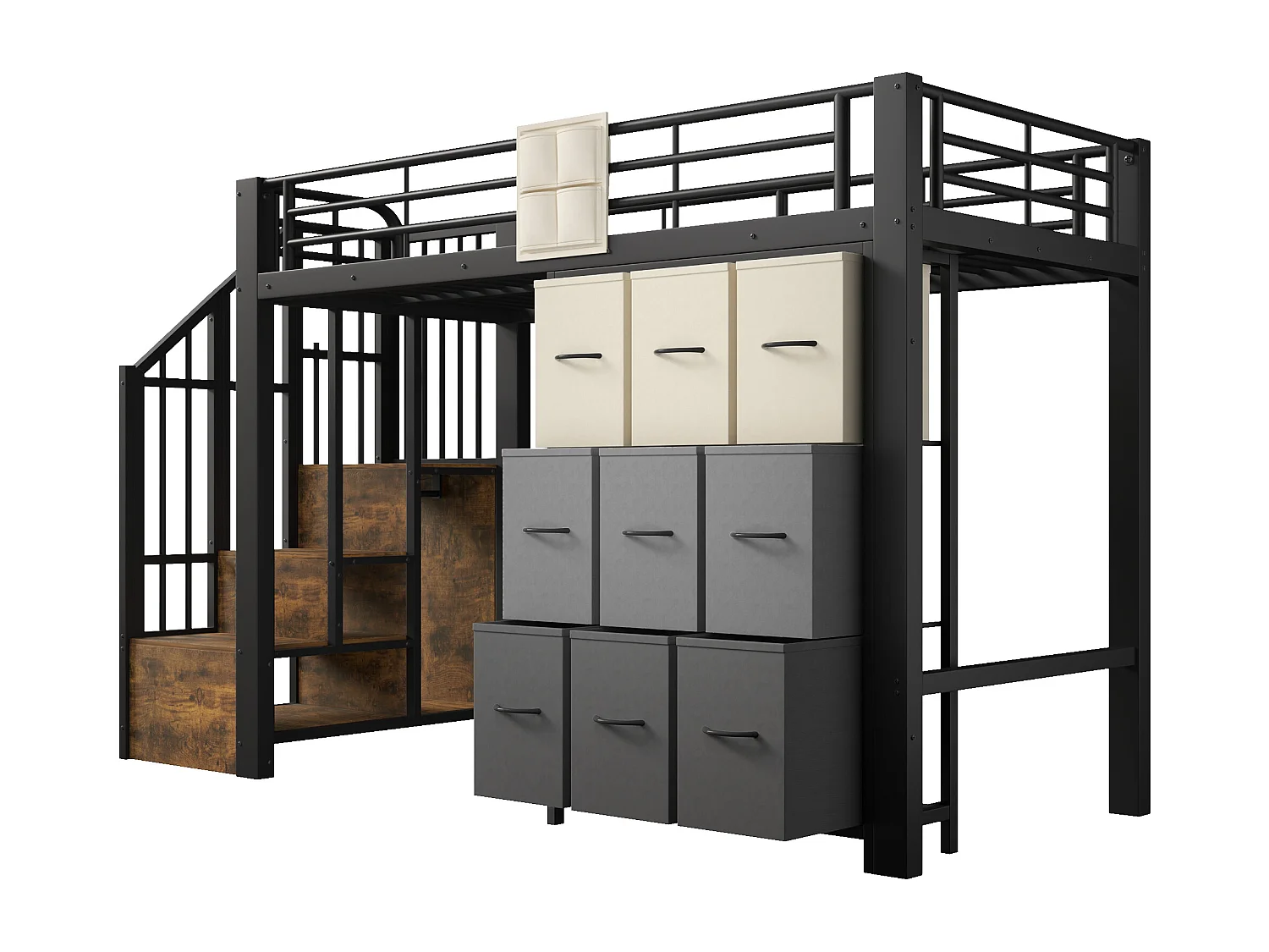 Letto soppalcato 90×200 cm - Metallo - Con cassetti - Con armadio - Con scala di riporre - Nero​ (materasso non incluso)