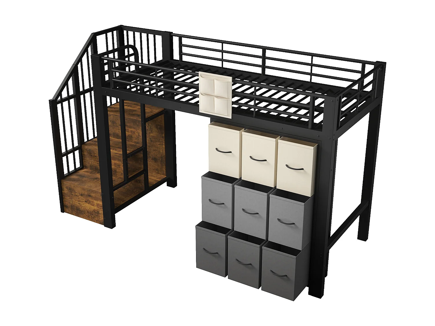 Letto soppalcato 90×200 cm - Metallo - Con cassetti - Con armadio - Con scala di riporre - Nero​ (materasso non incluso)