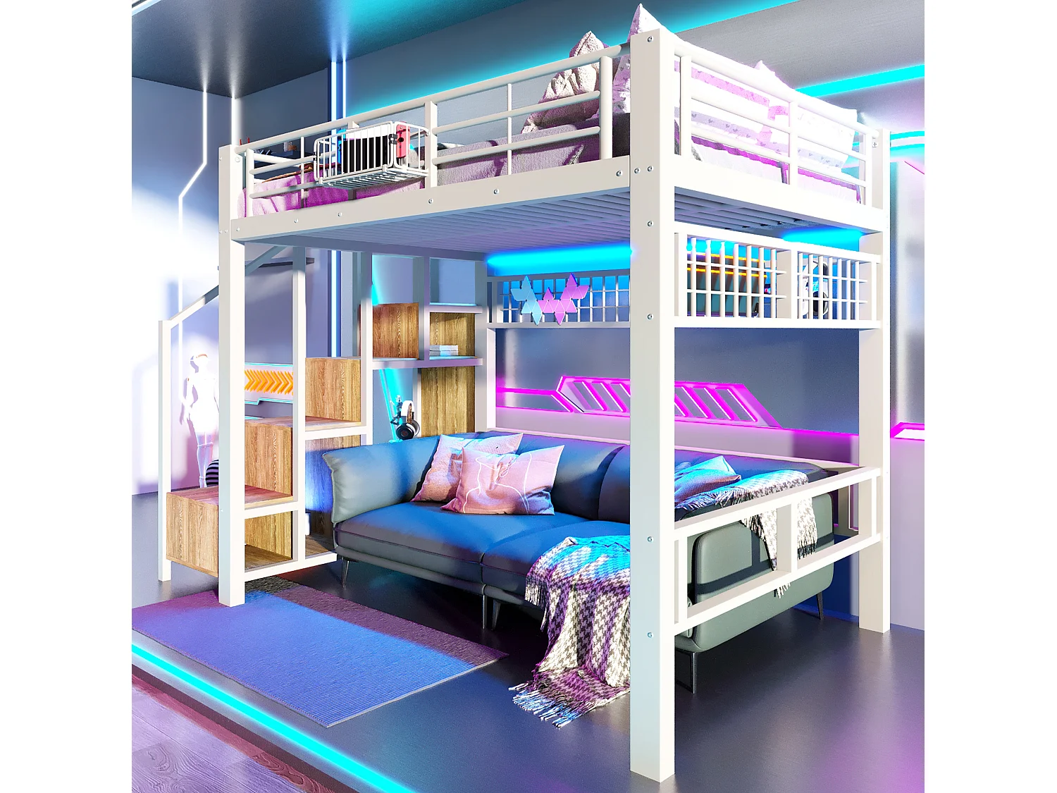 Lit mezzanine 140x200cm - avec filet suspendu - avec lumières LED - avec escalier de sécurité - blanc (matelas non inclus)