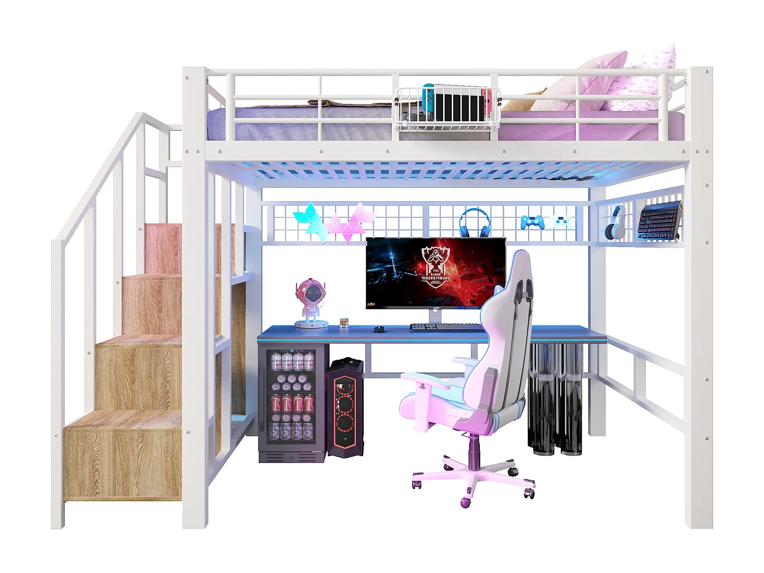 Lit mezzanine 140x200cm - avec filet suspendu - avec lumières LED - avec escalier de sécurité - blanc (matelas non inclus)