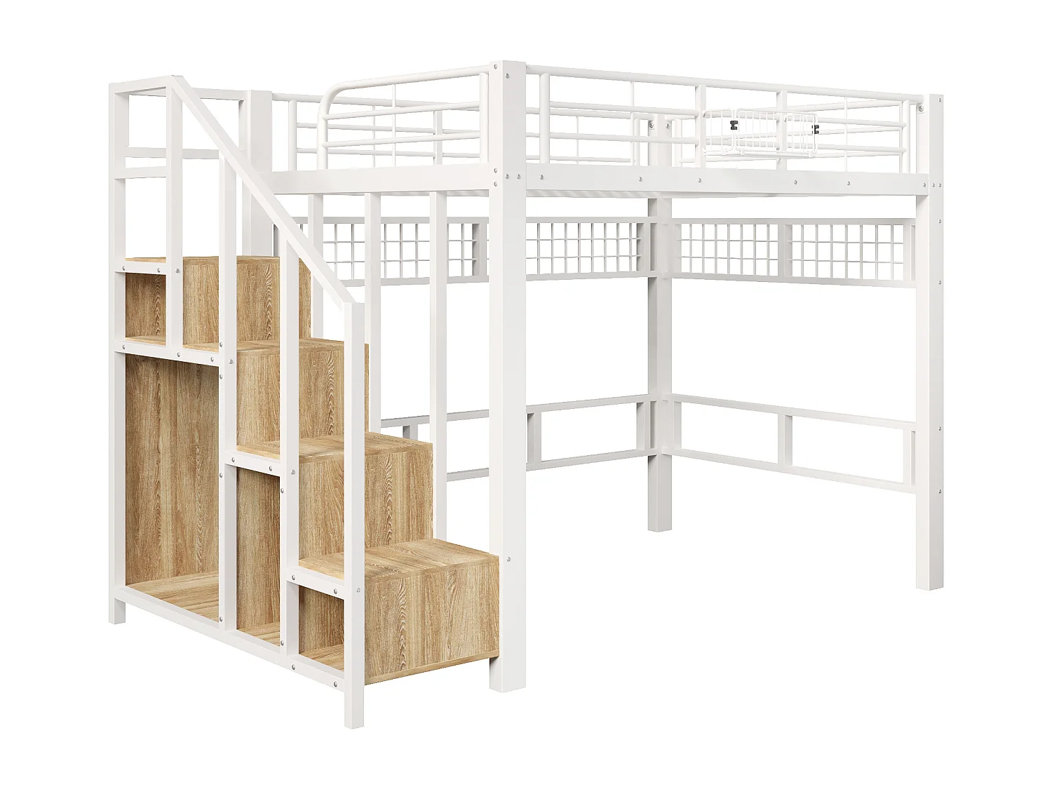 Lit mezzanine 140x200cm - avec filet suspendu - avec lumières LED - avec escalier de sécurité - blanc (matelas non inclus)