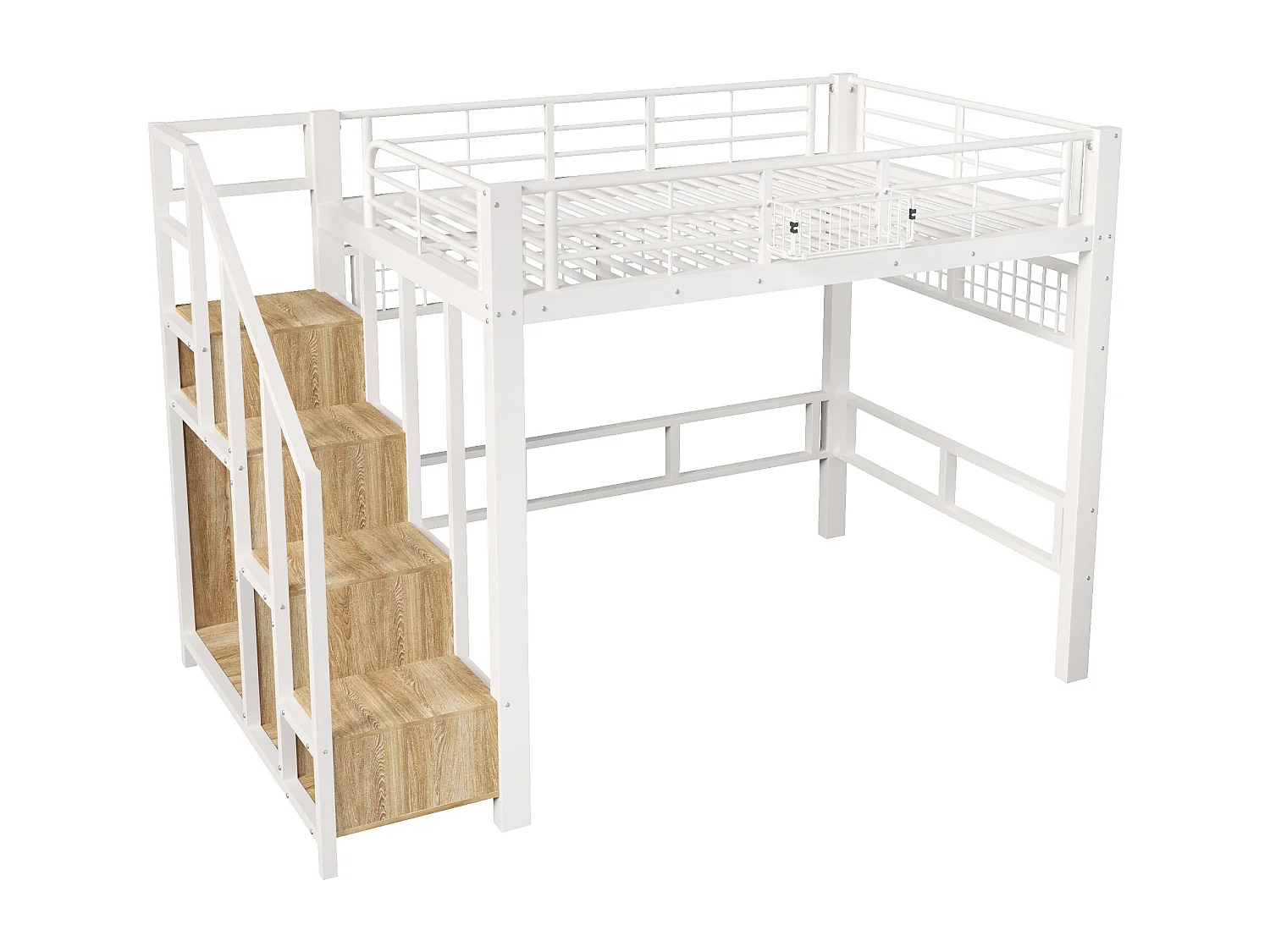 Lit mezzanine 140x200cm - avec filet suspendu - avec lumières LED - avec escalier de sécurité - blanc (matelas non inclus)