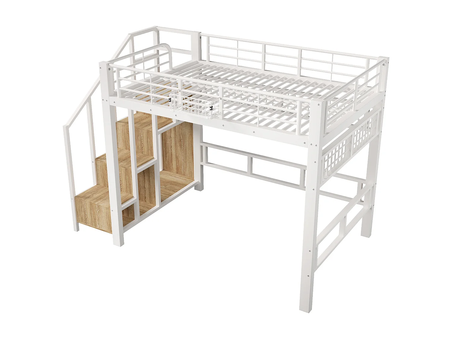 Lit mezzanine 140x200cm - avec filet suspendu - avec lumières LED - avec escalier de sécurité - blanc (matelas non inclus)