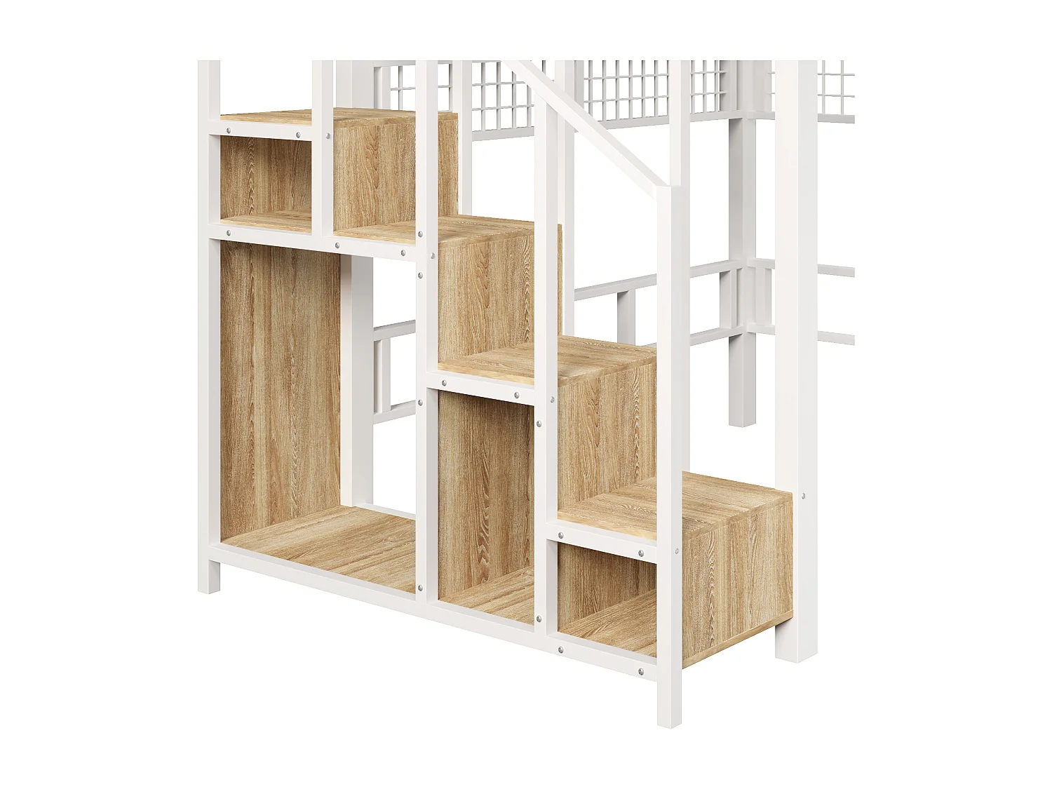 Lit mezzanine 140x200cm - avec filet suspendu - avec lumières LED - avec escalier de sécurité - blanc (matelas non inclus)