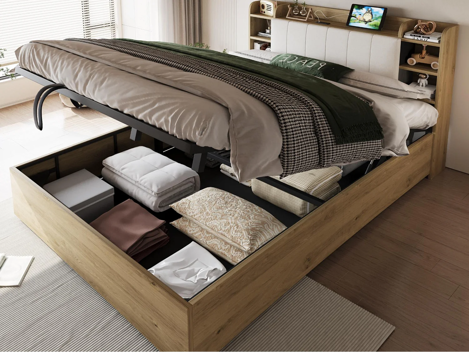 Holzbett mit Stauraum 180 x 200 cm - Kopfteil mit Stauraum - USB-Anschluss + Type-C-Anschluss - natur​ (ohne Matratze)