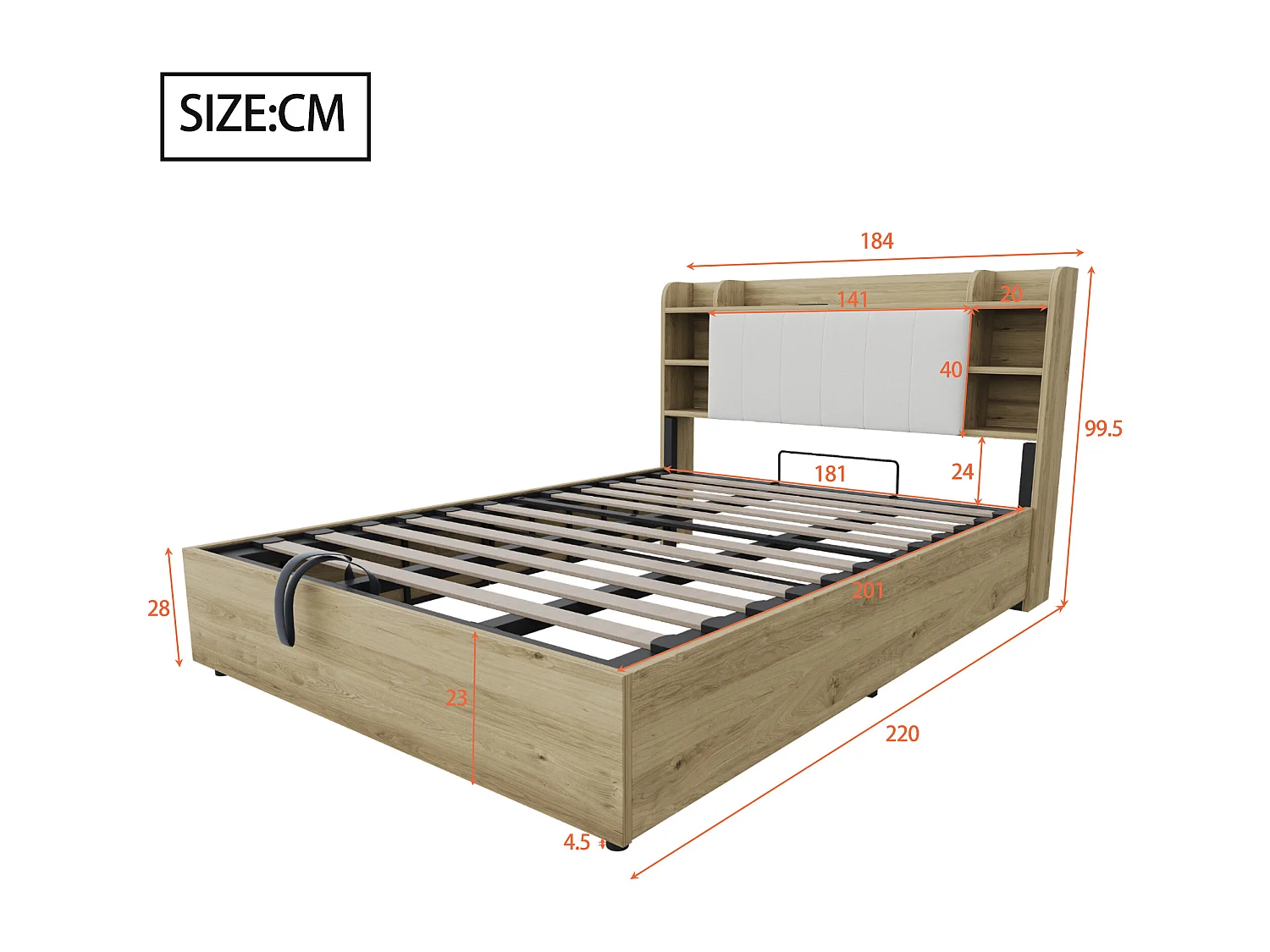 Holzbett mit Stauraum 180 x 200 cm - Kopfteil mit Stauraum - USB-Anschluss + Type-C-Anschluss - natur​ (ohne Matratze)
