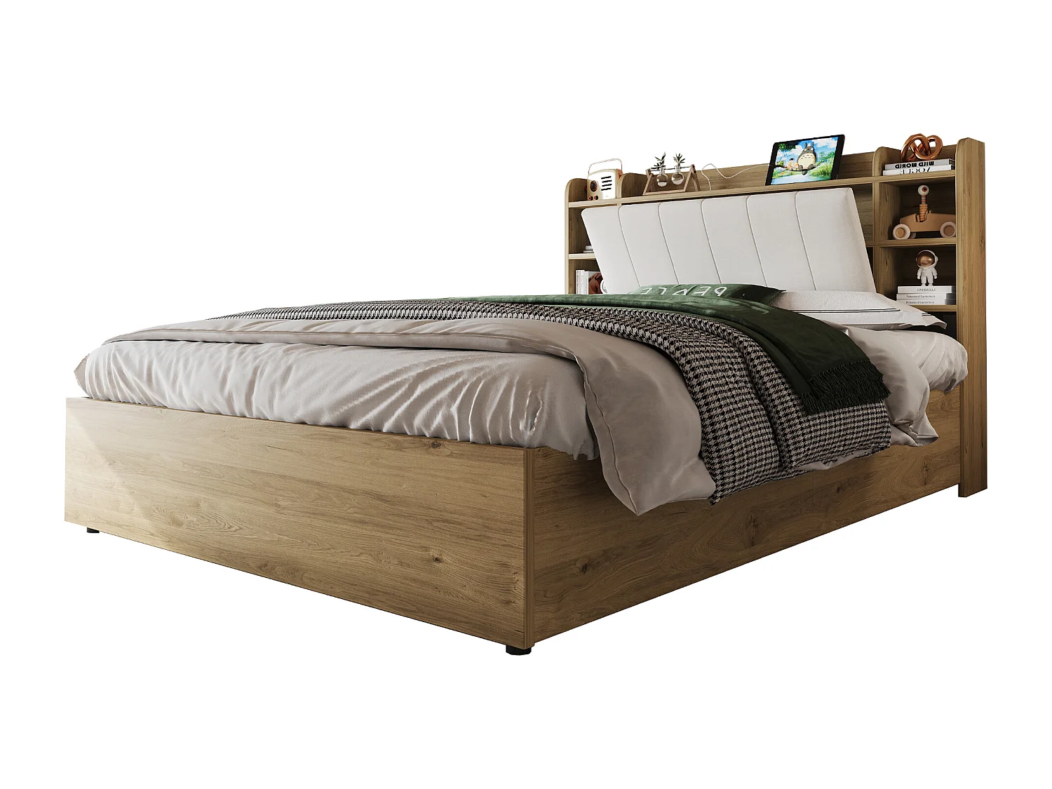 Holzbett mit Stauraum 180 x 200 cm - Kopfteil mit Stauraum - USB-Anschluss + Type-C-Anschluss - natur​ (ohne Matratze)