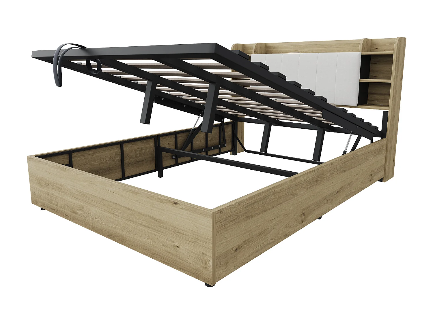 Holzbett mit Stauraum 180 x 200 cm - Kopfteil mit Stauraum - USB-Anschluss + Type-C-Anschluss - natur​ (ohne Matratze)