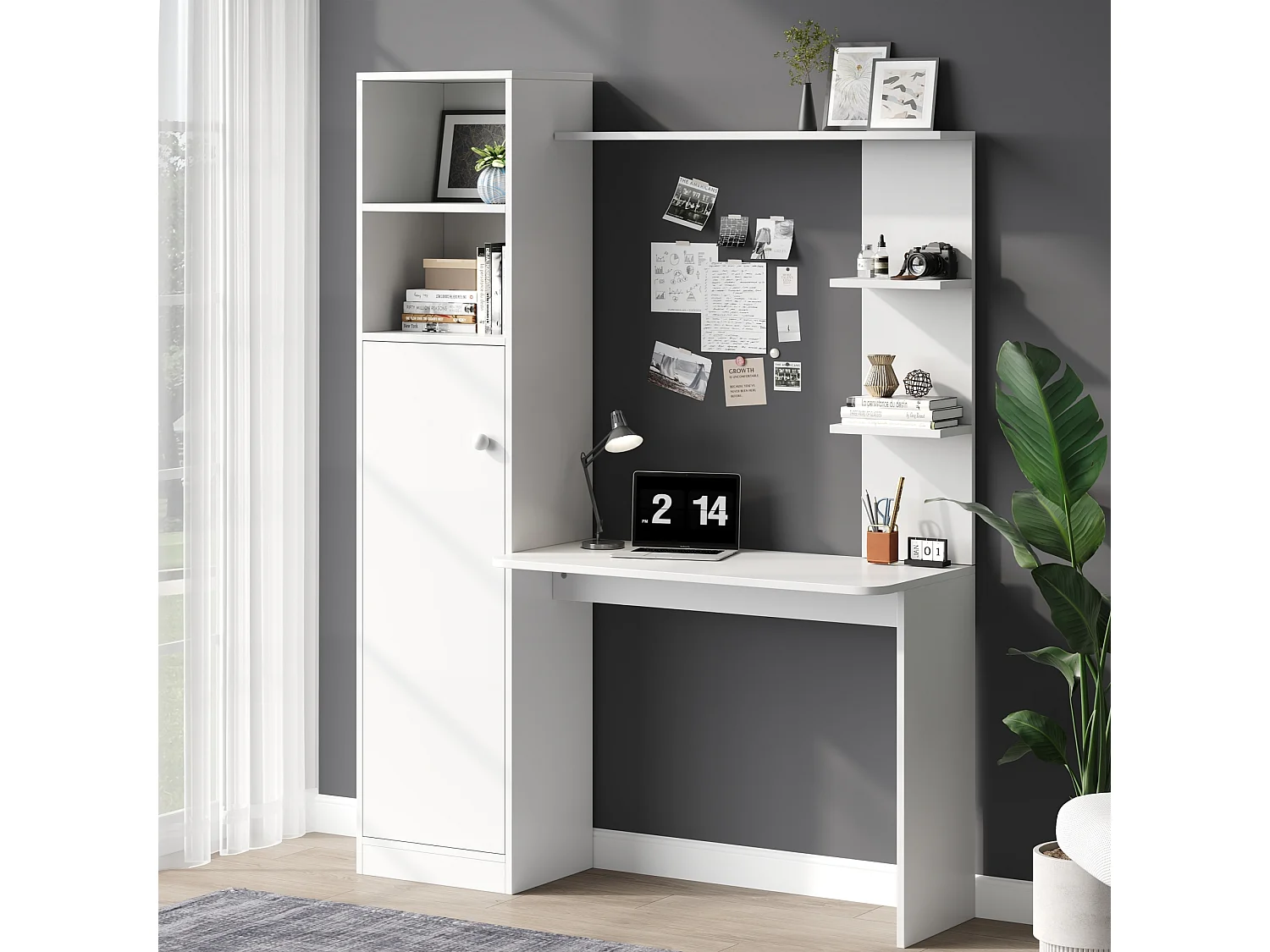 Escrivaninha moderna 123,5x45x168,5 cm - con armazenamento e prateleiras múltiplas - 1 porta - MDF - Branco