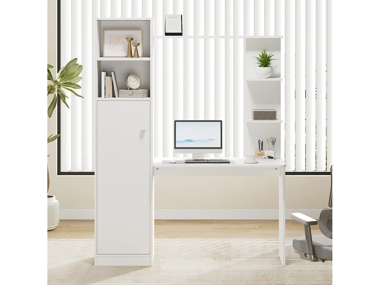 Escrivaninha moderna 123,5x45x168,5 cm - con armazenamento e prateleiras múltiplas - 1 porta - MDF - Branco