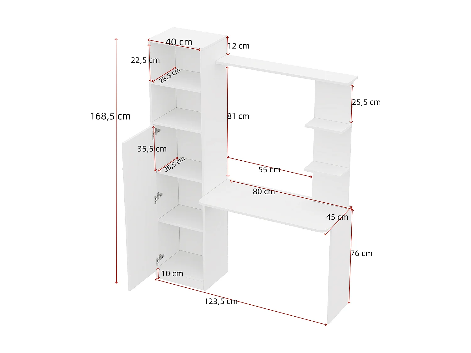 Escrivaninha moderna 123,5x45x168,5 cm - con armazenamento e prateleiras múltiplas - 1 porta - MDF - Branco