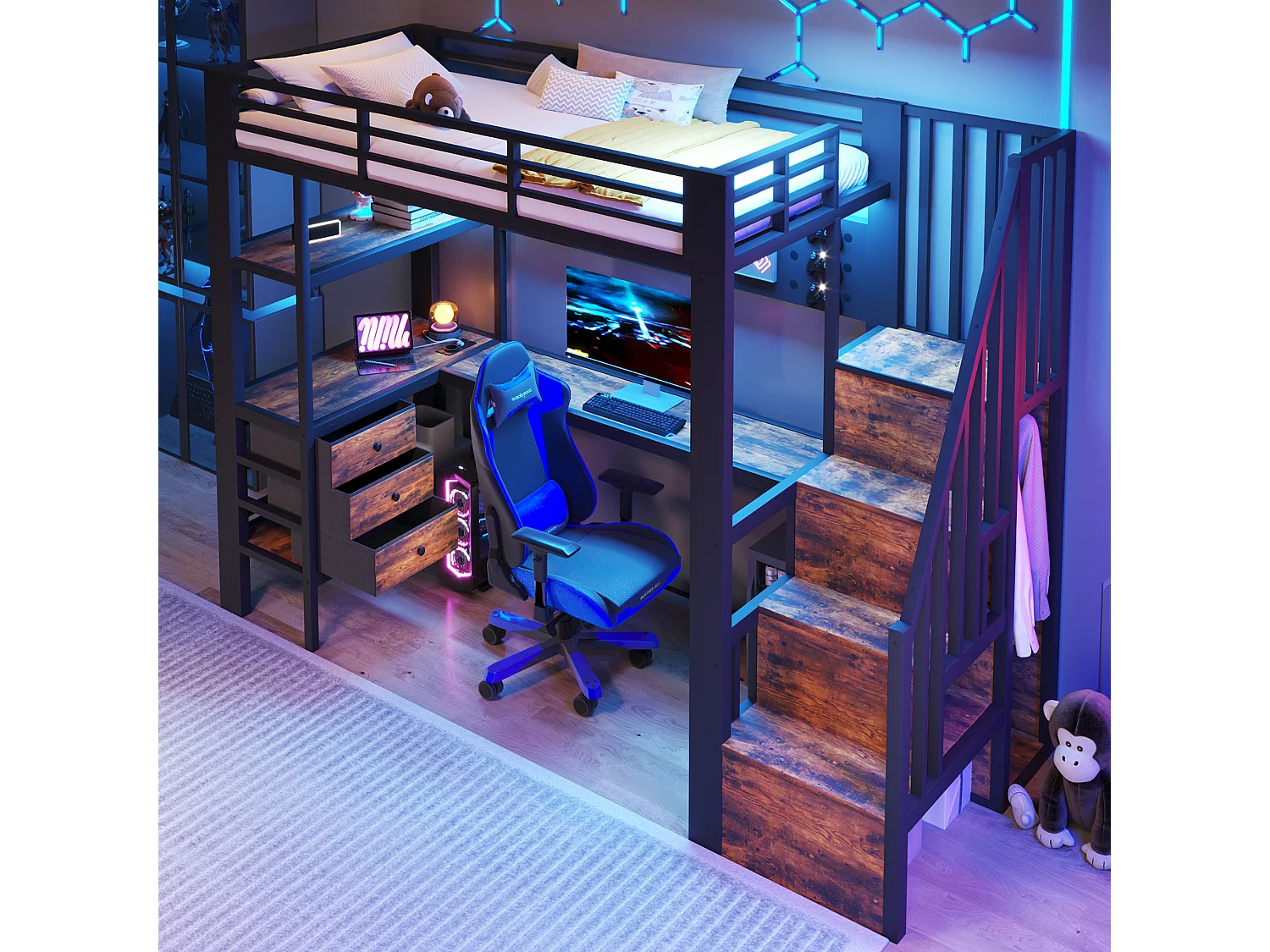 Lit mezzanine en métal pour enfant - 90 x 200 cm - avec étagères + tiroirs + bureau + escalier de rangement + Leds - noir