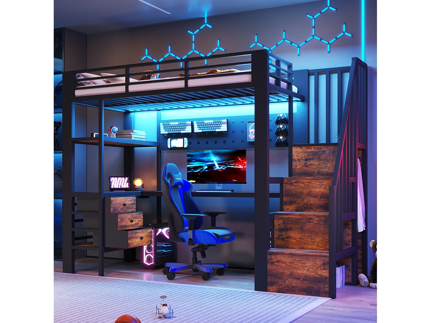 Lit mezzanine en métal pour enfant - 90 x 200 cm - avec étagères + tiroirs + bureau + escalier de rangement + Leds - noir