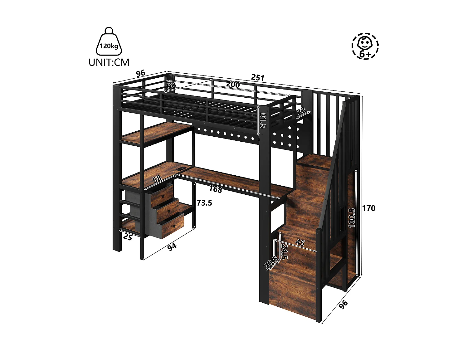Lit mezzanine en métal pour enfant - 90 x 200 cm - avec étagères + tiroirs + bureau + escalier de rangement + Leds - noir