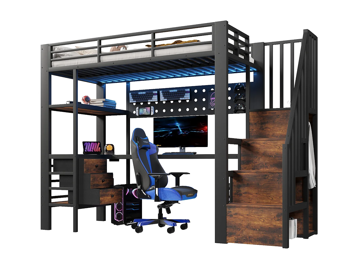 Lit mezzanine en métal pour enfant - 90 x 200 cm - avec étagères + tiroirs + bureau + escalier de rangement + Leds - noir