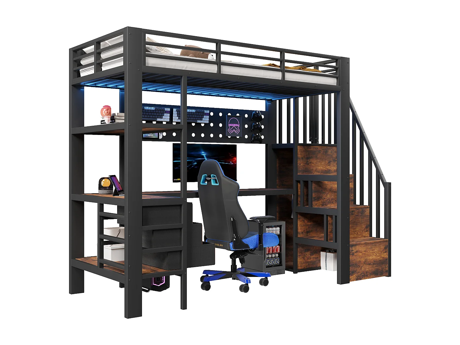 Lit mezzanine en métal pour enfant - 90 x 200 cm - avec étagères + tiroirs + bureau + escalier de rangement + Leds - noir