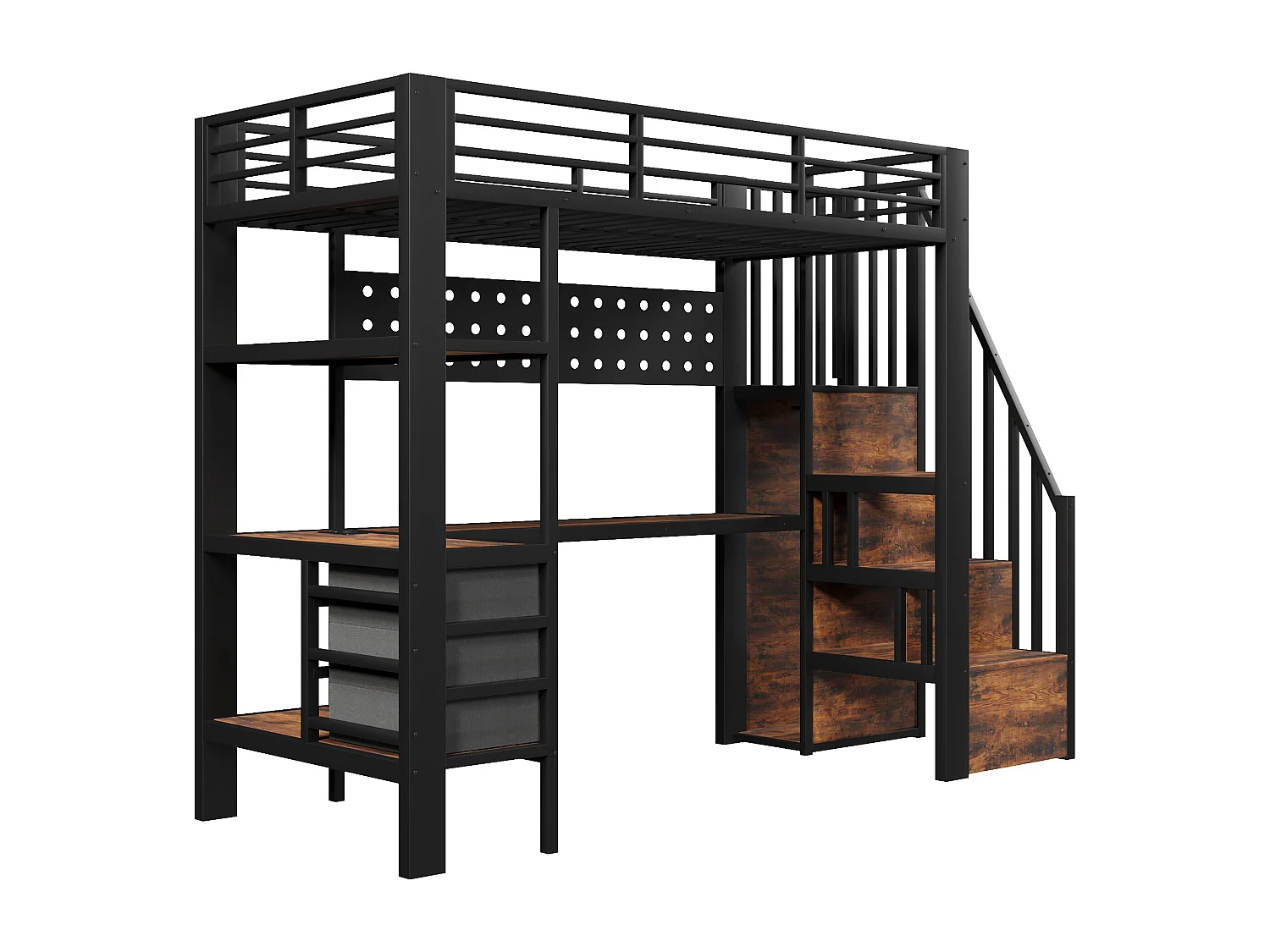 Lit mezzanine en métal pour enfant - 90 x 200 cm - avec étagères + tiroirs + bureau + escalier de rangement + Leds - noir