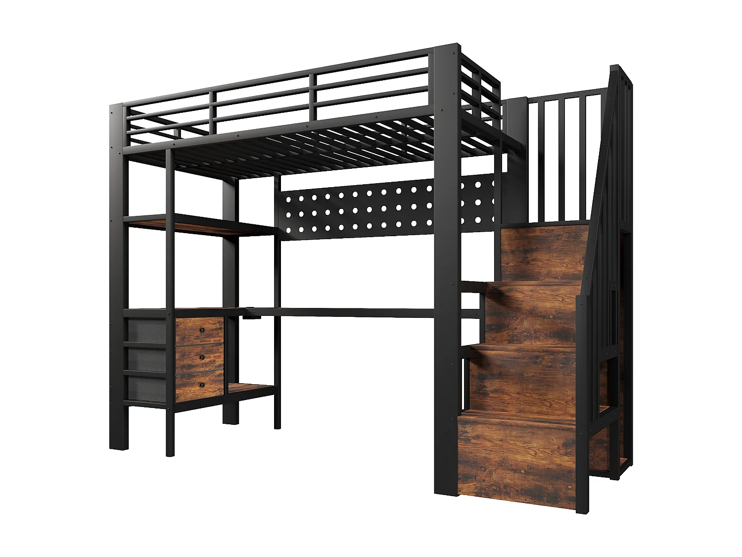 Lit mezzanine en métal pour enfant - 90 x 200 cm - avec étagères + tiroirs + bureau + escalier de rangement + Leds - noir