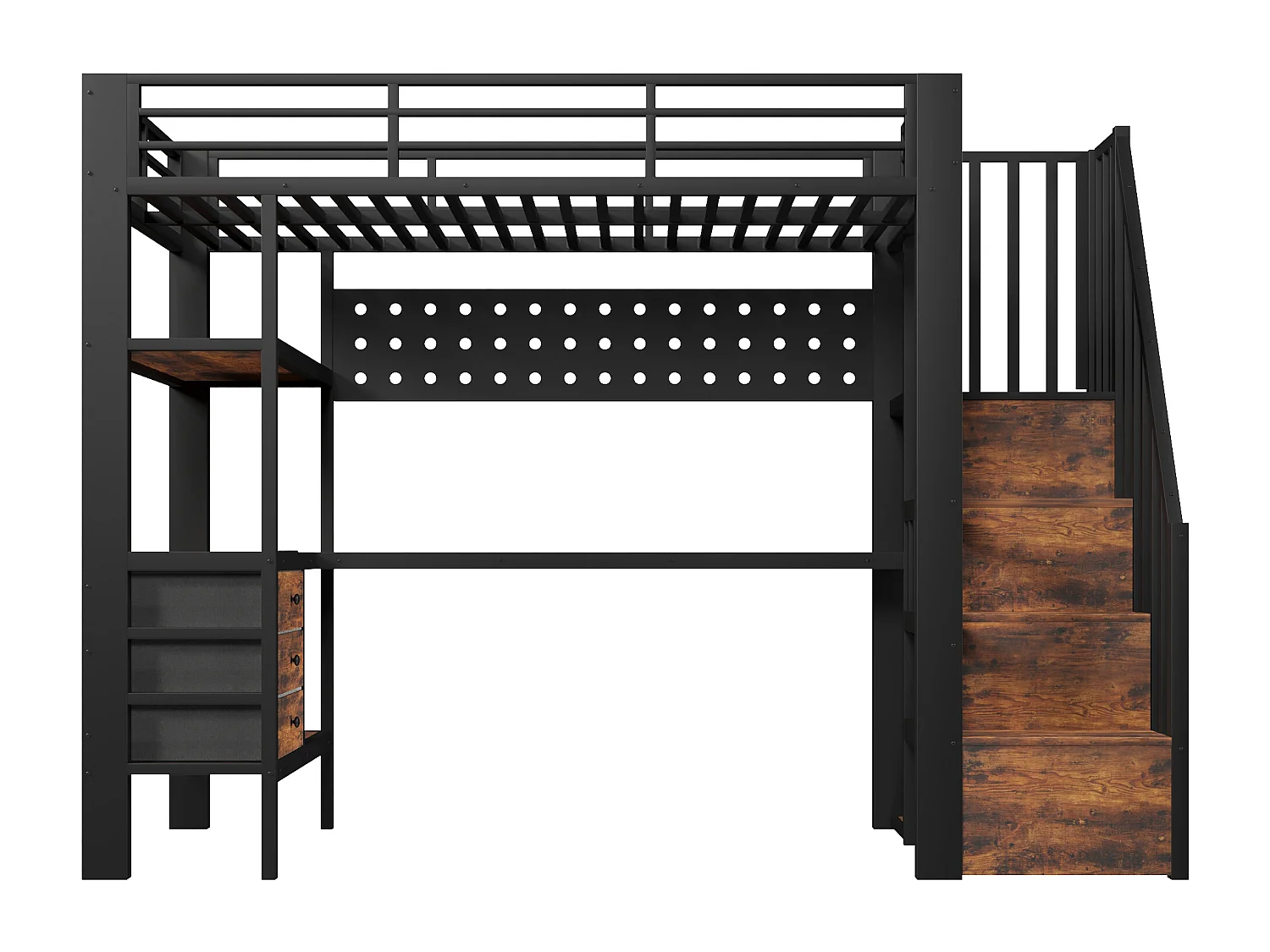 Lit mezzanine en métal pour enfant - 90 x 200 cm - avec étagères + tiroirs + bureau + escalier de rangement + Leds - noir