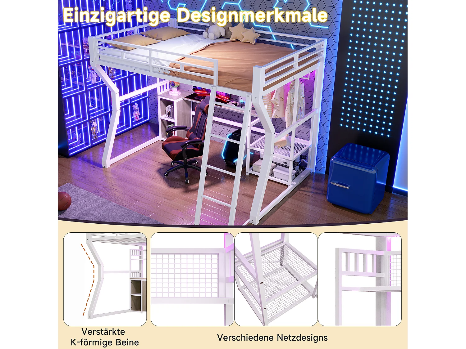 Lit mezzanine 140 x 200 cm - Structure en fer - Éclairage LED - Prise électrique + espace penderie - Bureau - Blanc (matelas non inclus)