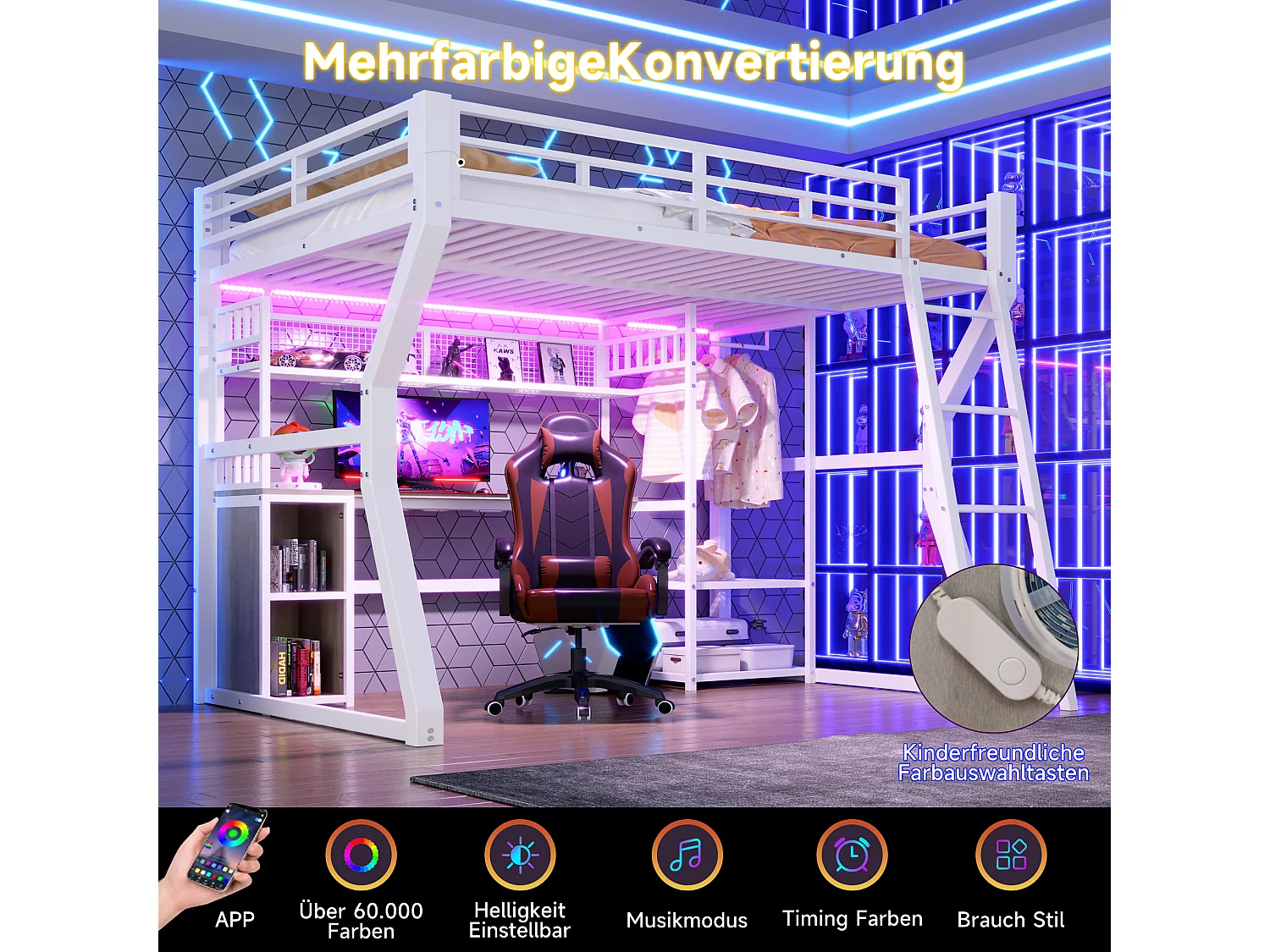 Lit mezzanine 140 x 200 cm - Structure en fer - Éclairage LED - Prise électrique + espace penderie - Bureau - Blanc (matelas non inclus)