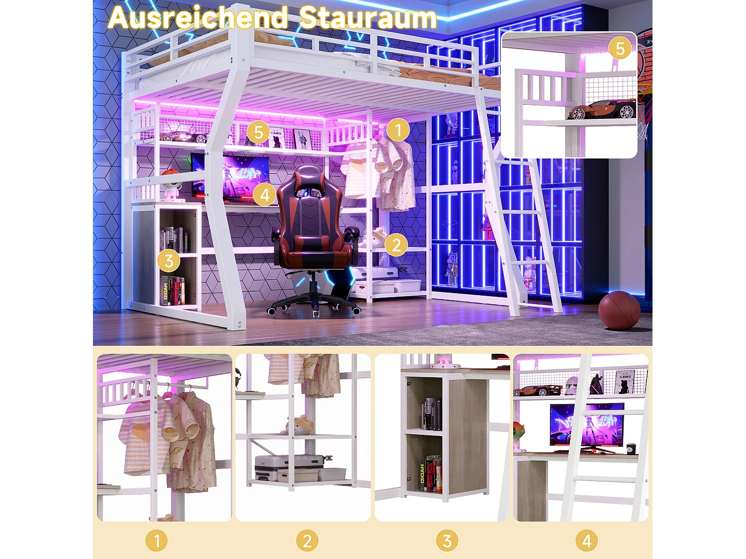 Lit mezzanine 140 x 200 cm - Structure en fer - Éclairage LED - Prise électrique + espace penderie - Bureau - Blanc (matelas non inclus)