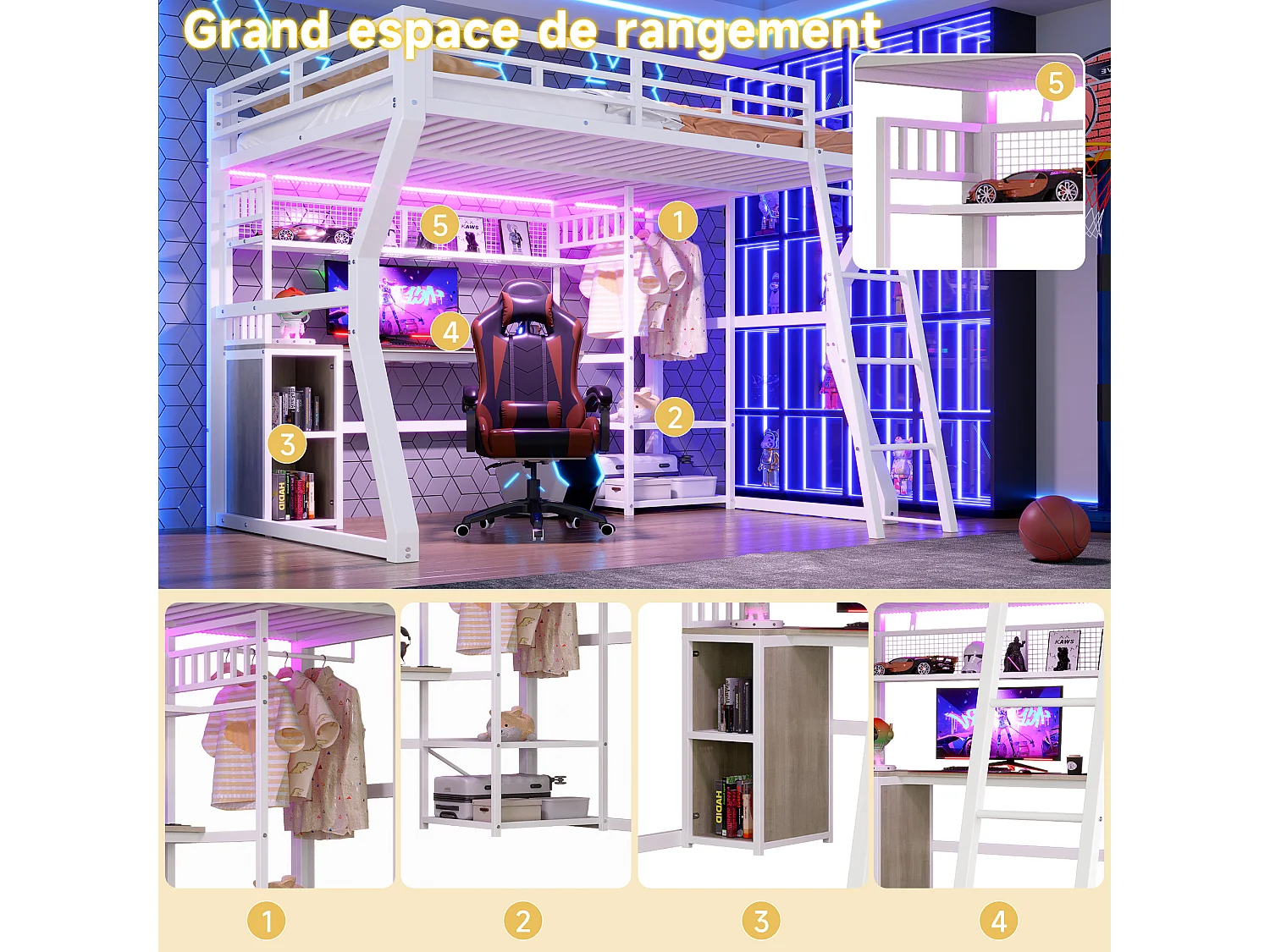 Lit mezzanine 140 x 200 cm - Structure en fer - Éclairage LED - Prise électrique + espace penderie - Bureau - Blanc (matelas non inclus)