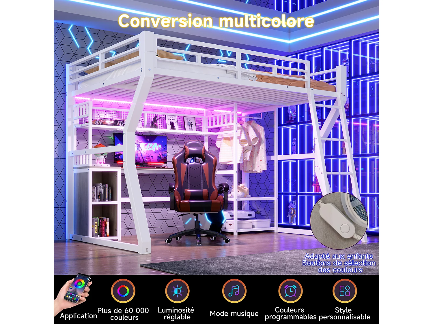 Lit mezzanine 140 x 200 cm - Structure en fer - Éclairage LED - Prise électrique + espace penderie - Bureau - Blanc (matelas non inclus)