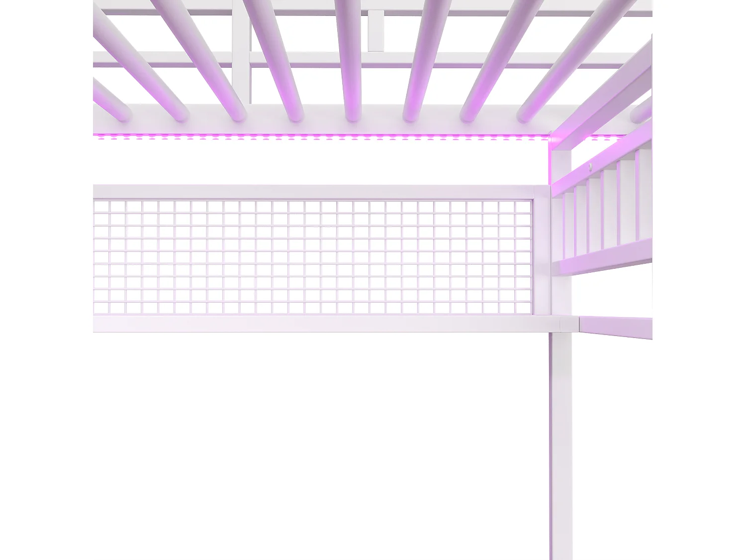 140x200 cm Loftseng - jernramme - LED-belysning - stikkontakt + garderobeplads - skrivebord - hvid (madras medfølger ikke)