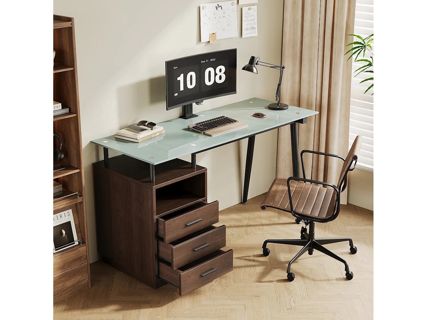 Escrivaninha moderna - 130 x 50 x 75 cm - com tampo de vidro - estrutura de aço + 3 gavetas + prateleira aberta - MDF - marrom