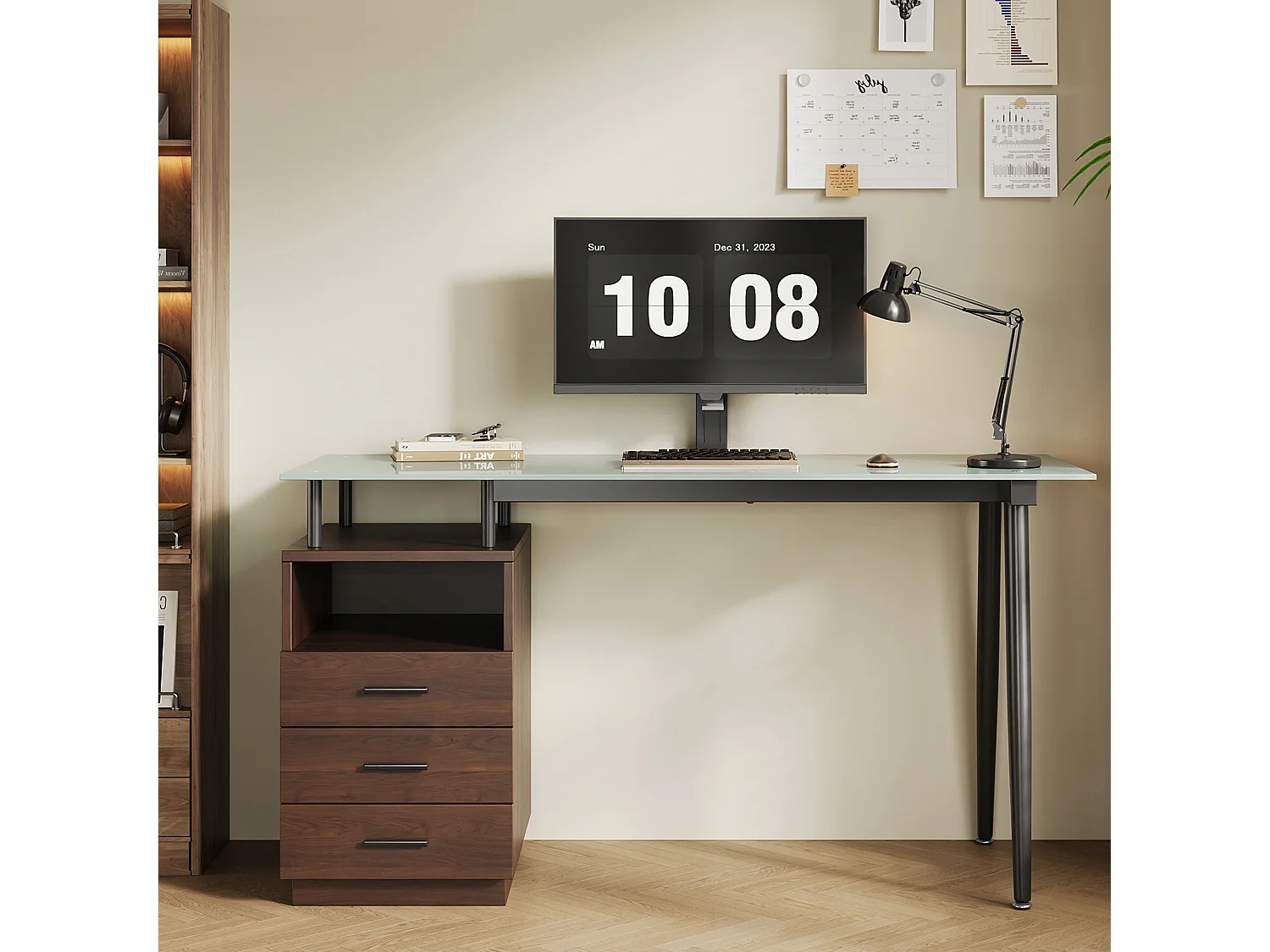 Escrivaninha moderna - 130 x 50 x 75 cm - com tampo de vidro - estrutura de aço + 3 gavetas + prateleira aberta - MDF - marrom