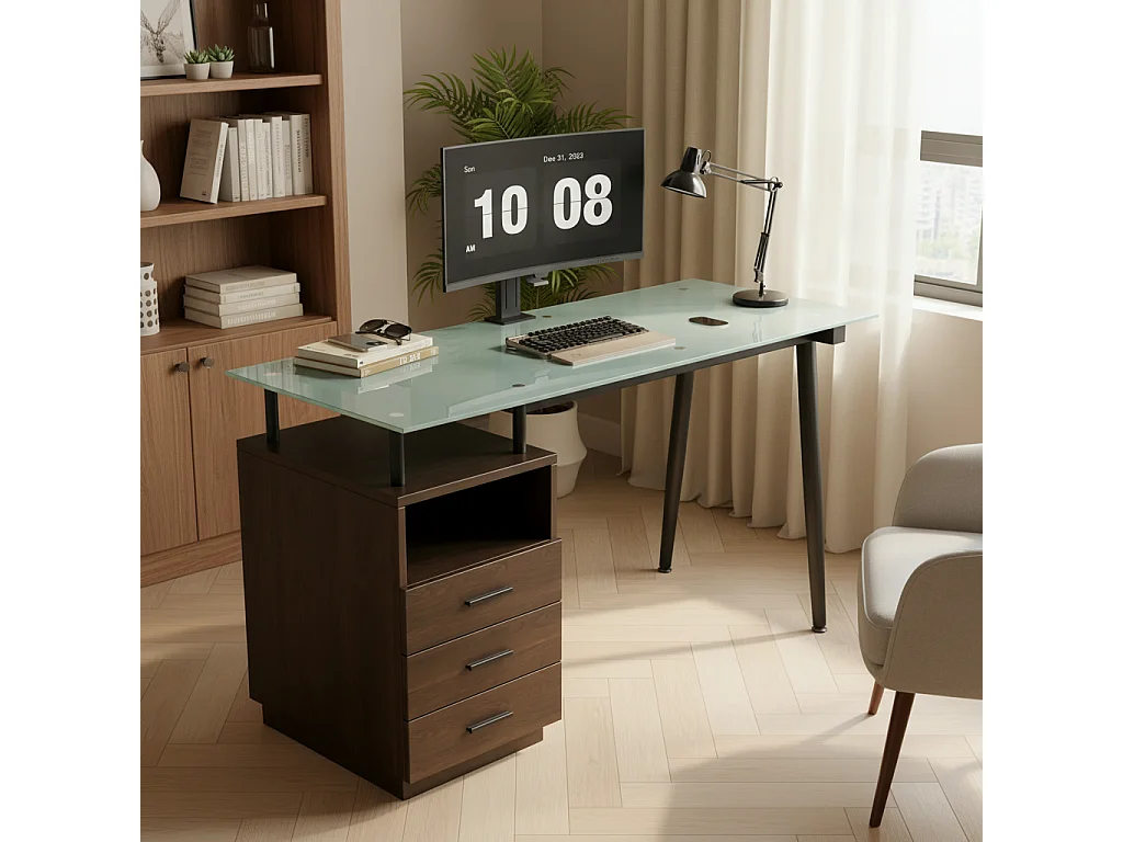 Escrivaninha moderna - 130 x 50 x 75 cm - com tampo de vidro - estrutura de aço + 3 gavetas + prateleira aberta - MDF - marrom