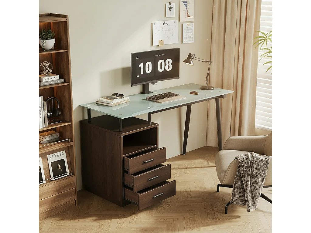 Escrivaninha moderna - 130 x 50 x 75 cm - com tampo de vidro - estrutura de aço + 3 gavetas + prateleira aberta - MDF - marrom