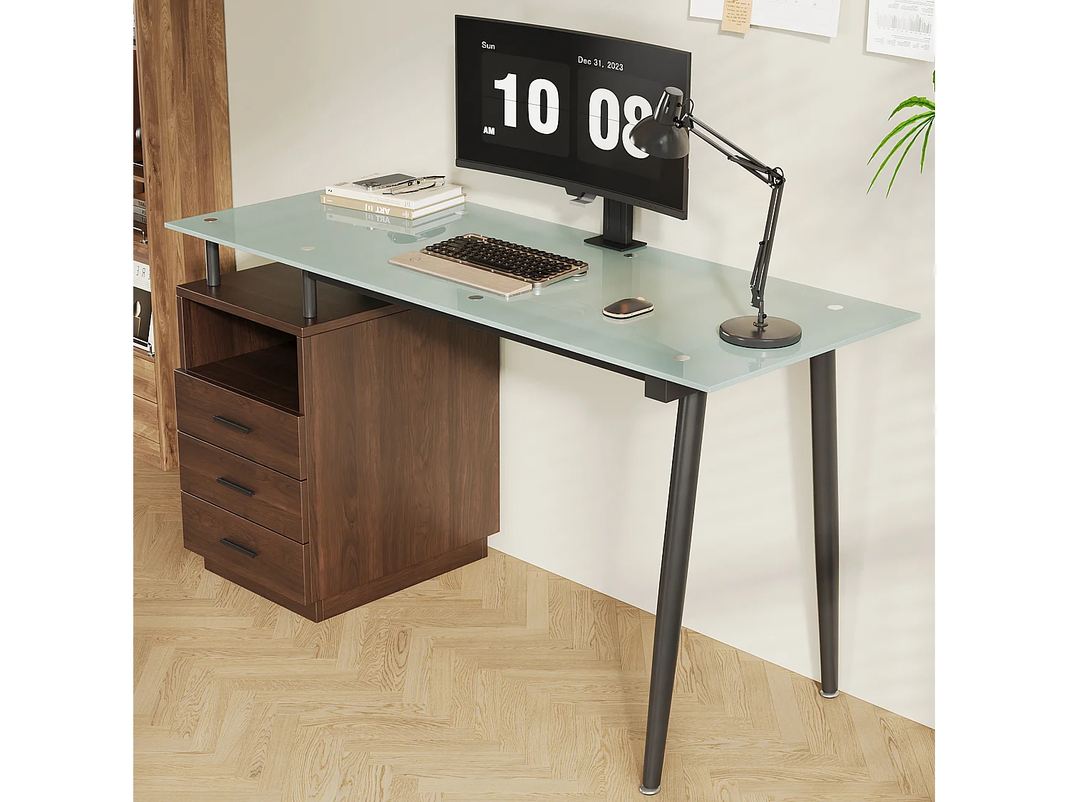 Escrivaninha moderna - 130 x 50 x 75 cm - com tampo de vidro - estrutura de aço + 3 gavetas + prateleira aberta - MDF - marrom