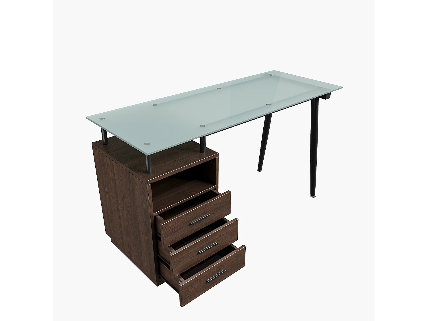 Escrivaninha moderna - 130 x 50 x 75 cm - com tampo de vidro - estrutura de aço + 3 gavetas + prateleira aberta - MDF - marrom