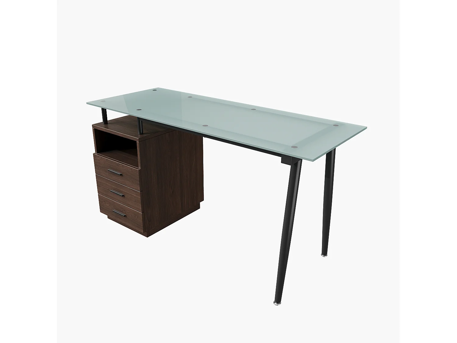 Escrivaninha moderna - 130 x 50 x 75 cm - com tampo de vidro - estrutura de aço + 3 gavetas + prateleira aberta - MDF - marrom