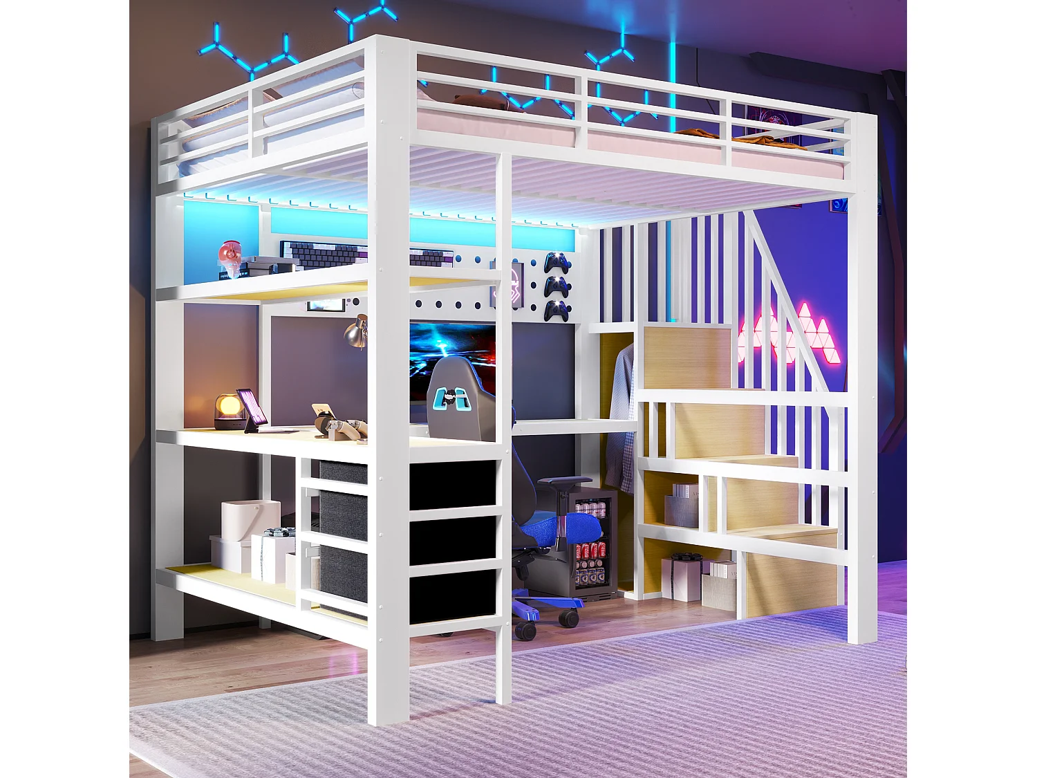 Lit mezzanine en métal pour enfant - 140 x 200 cm - avec étagères + tiroirs + bureau + escalier de rangement + Leds - blanc