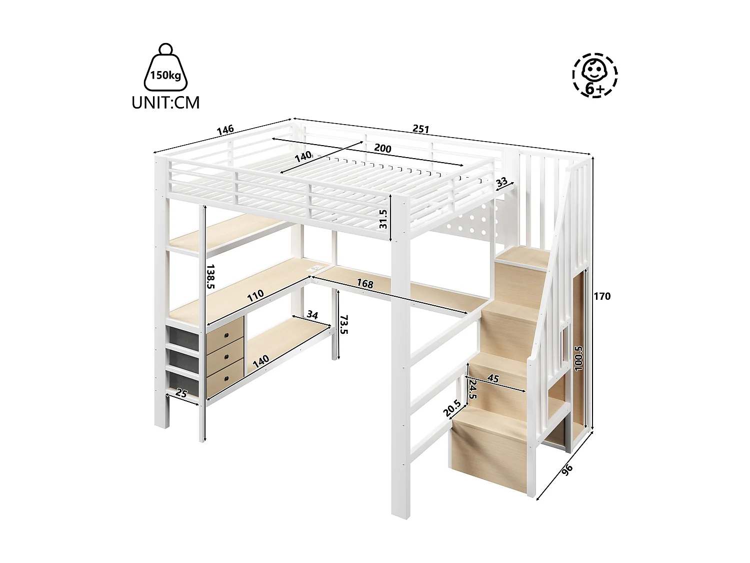 Lit mezzanine en métal pour enfant - 140 x 200 cm - avec étagères + tiroirs + bureau + escalier de rangement + Leds - blanc