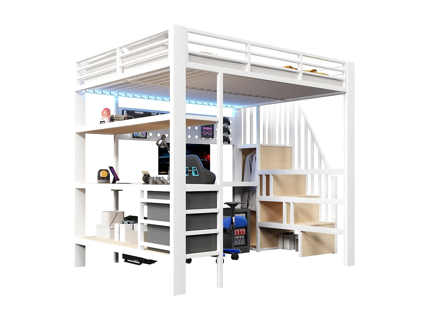 Lit mezzanine en métal pour enfant - 140 x 200 cm - avec étagères + tiroirs + bureau + escalier de rangement + Leds - blanc