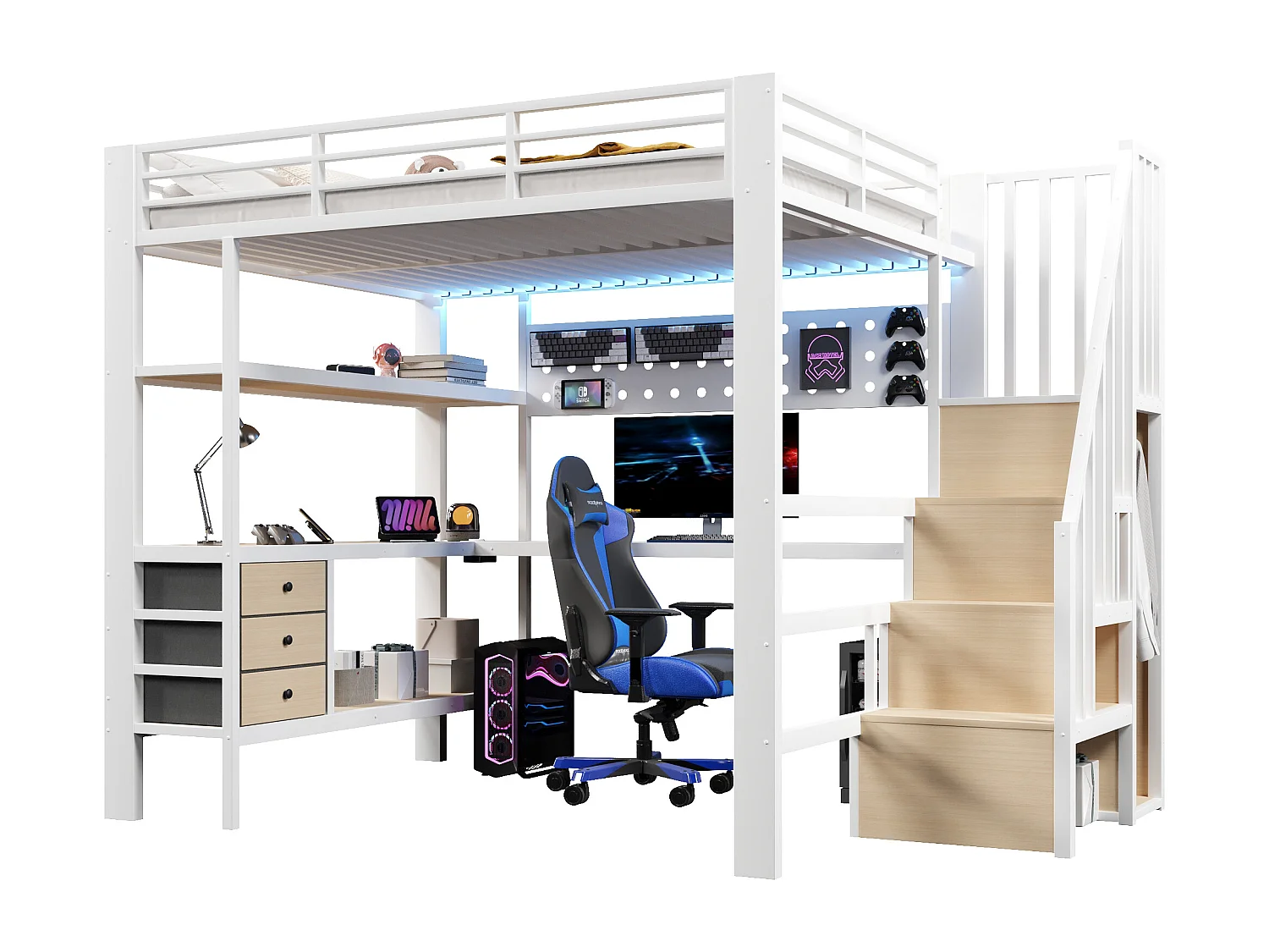 Lit mezzanine en métal pour enfant - 140 x 200 cm - avec étagères + tiroirs + bureau + escalier de rangement + Leds - blanc