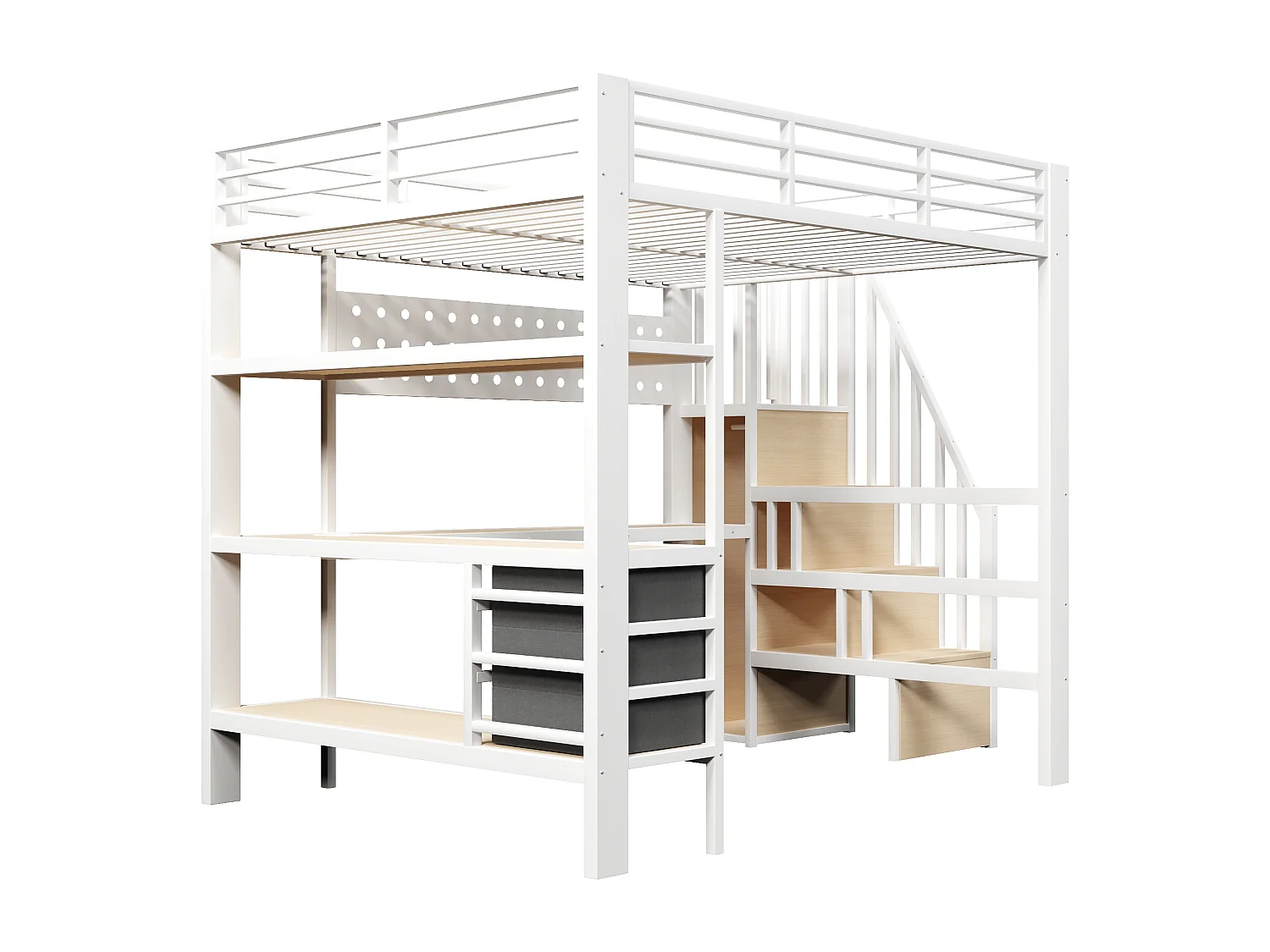Lit mezzanine en métal pour enfant - 140 x 200 cm - avec étagères + tiroirs + bureau + escalier de rangement + Leds - blanc