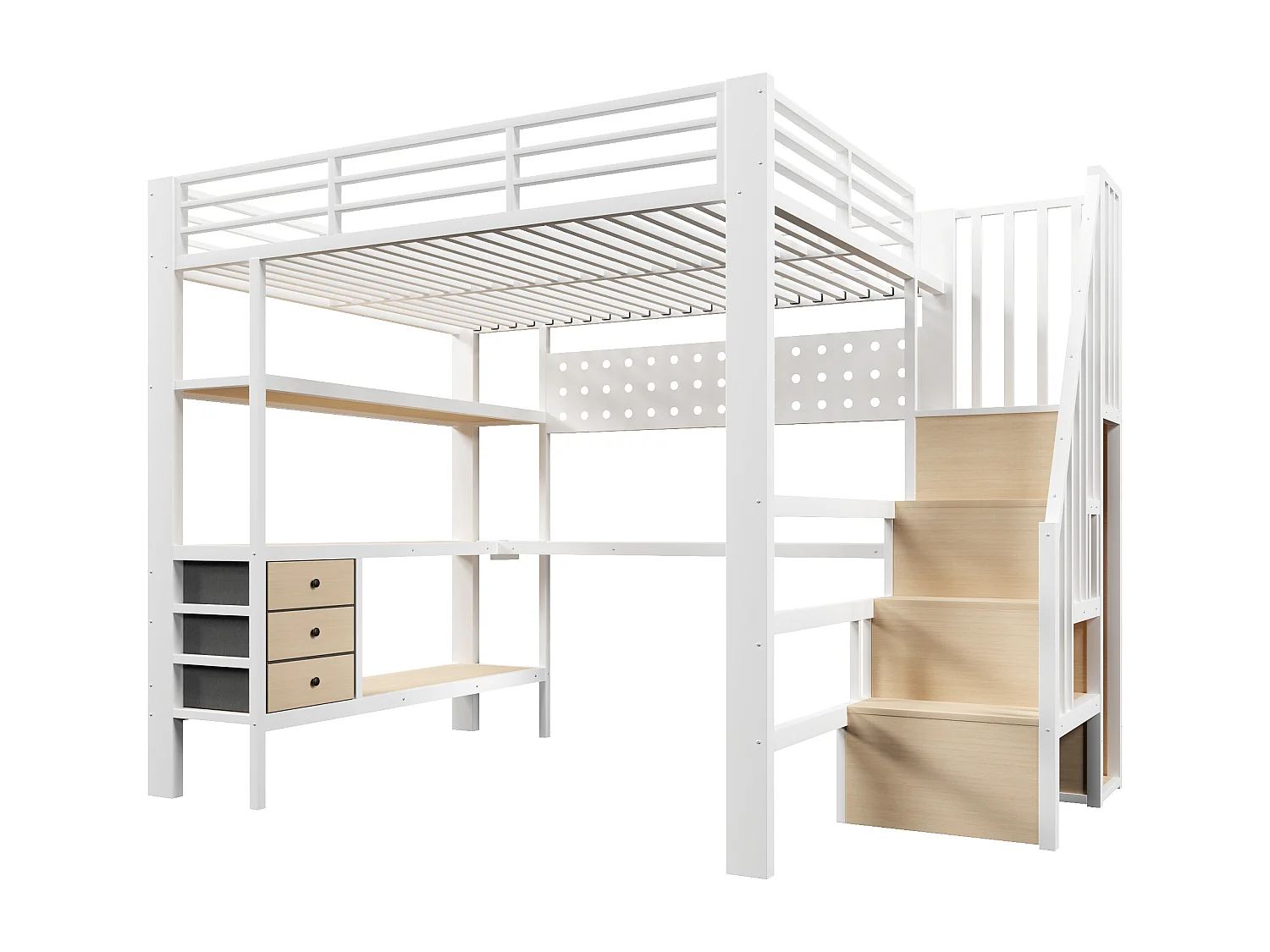 Lit mezzanine en métal pour enfant - 140 x 200 cm - avec étagères + tiroirs + bureau + escalier de rangement + Leds - blanc