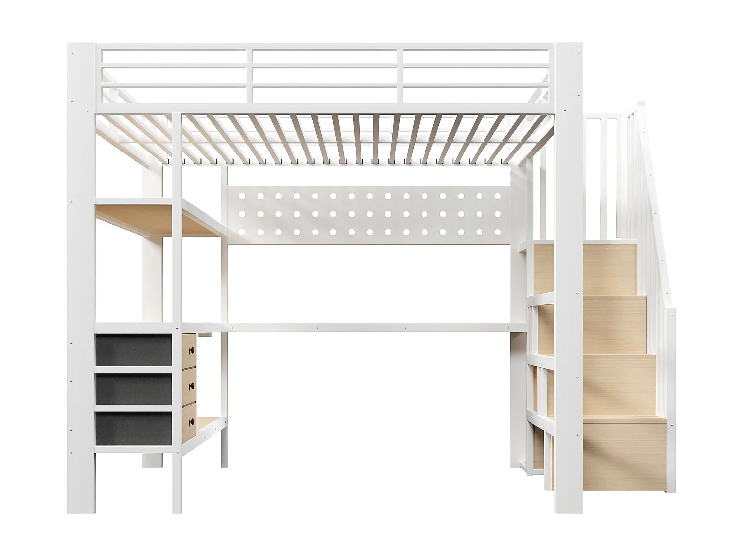 Lit mezzanine en métal pour enfant - 140 x 200 cm - avec étagères + tiroirs + bureau + escalier de rangement + Leds - blanc
