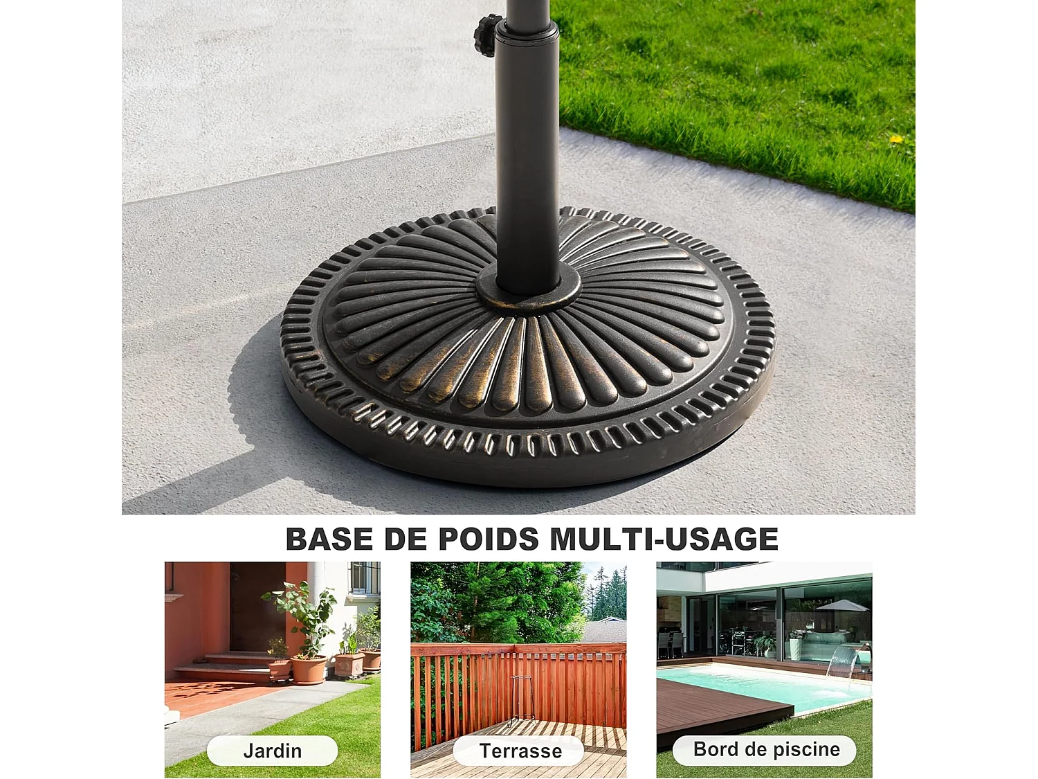 Extérieur 15 kg Base ronde de parapluie de patio, polyéthylène et béton