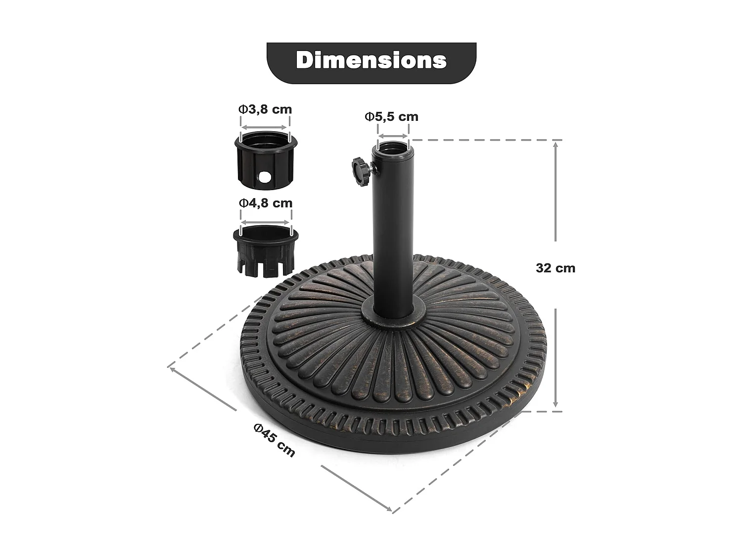 Extérieur 15 kg Base ronde de parapluie de patio, polyéthylène et béton