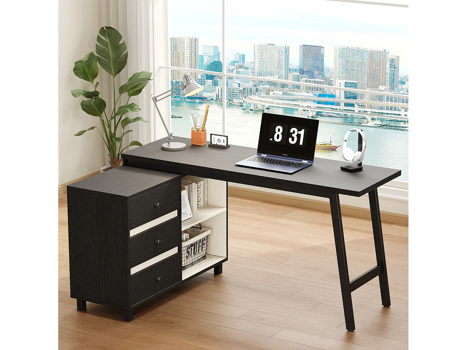 Moderner L-förmiger Schreibtisch – 150 x 100 x 76 cm – mit 3 Schubladen und 2 offenen Regalfächern – Stahlbeine – MDF + Metall – schwarz