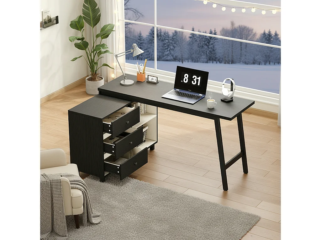 Moderner L-förmiger Schreibtisch – 150 x 100 x 76 cm – mit 3 Schubladen und 2 offenen Regalfächern – Stahlbeine – MDF + Metall – schwarz